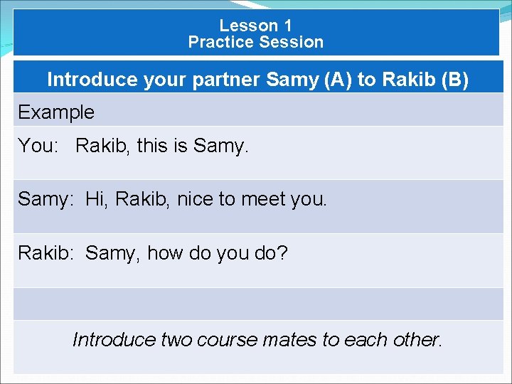 Lesson 1 Practice Session Introduce your partner Samy (A) to Rakib (B) Example You: Lesson 1 Practice Session Introduce your partner Samy (A) to Rakib (B) Example You: