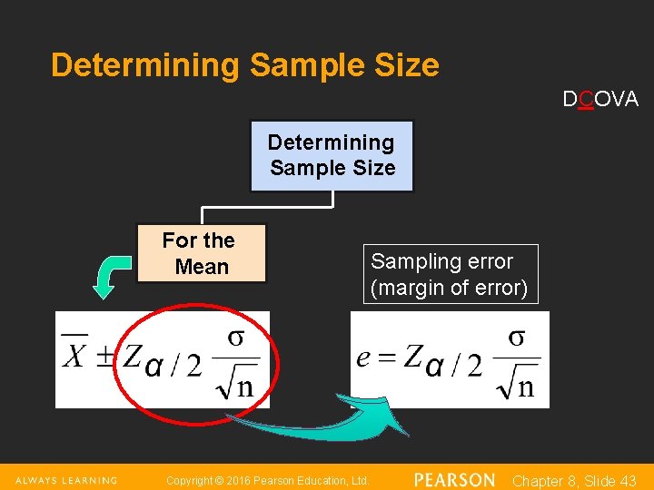 Determining Sample Size DCOVA Determining Sample Size For the Mean Copyright © 2016 Pearson