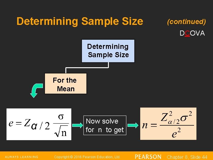 Determining Sample Size (continued) DCOVA Determining Sample Size For the Mean Now solve for