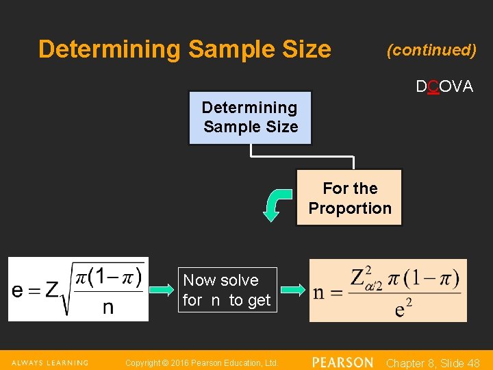 Determining Sample Size (continued) DCOVA Determining Sample Size For the Proportion Now solve for