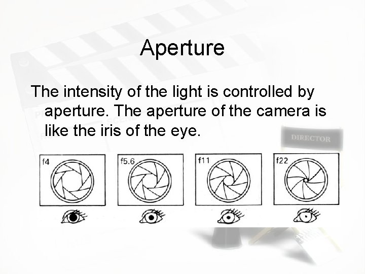 Aperture The intensity of the light is controlled by aperture. The aperture of the