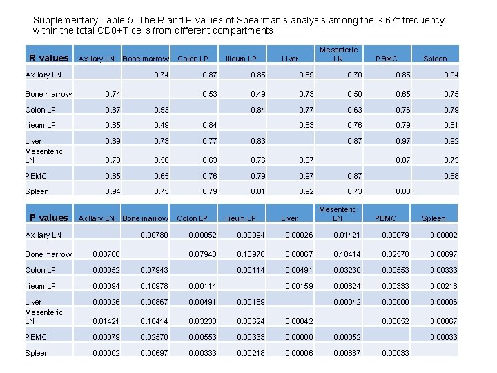 Supplementary Table 5. The R and P values of Spearman’s analysis among the Ki