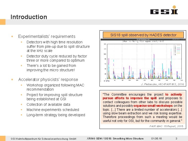 Introduction § § § SIS 18 spill observed by HADES detector Experimentalists’ requirements Detectors