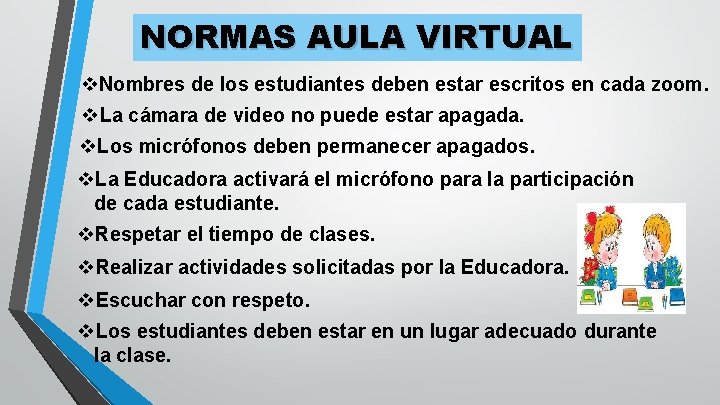 NORMAS AULA VIRTUAL v. Nombres de los estudiantes deben estar escritos en cada zoom.