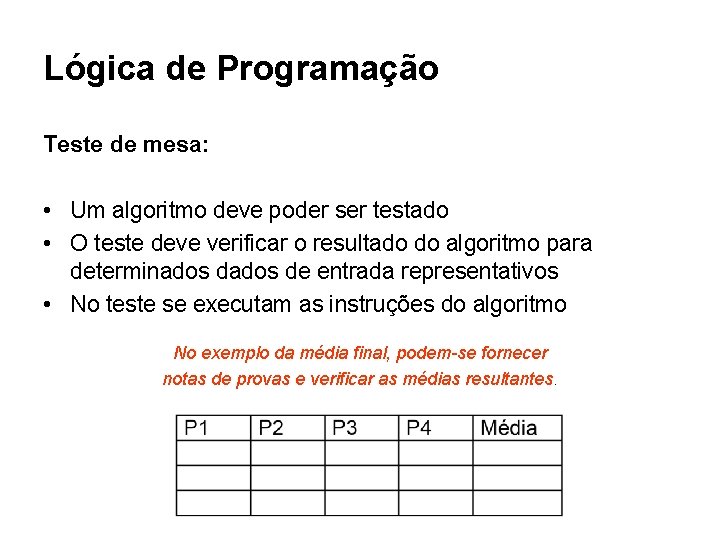 Lógica de Programação Teste de mesa: • Um algoritmo deve poder ser testado •