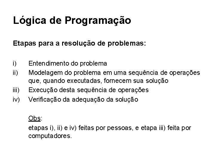 Lógica de Programação Etapas para a resolução de problemas: i) iii) iv) Entendimento do