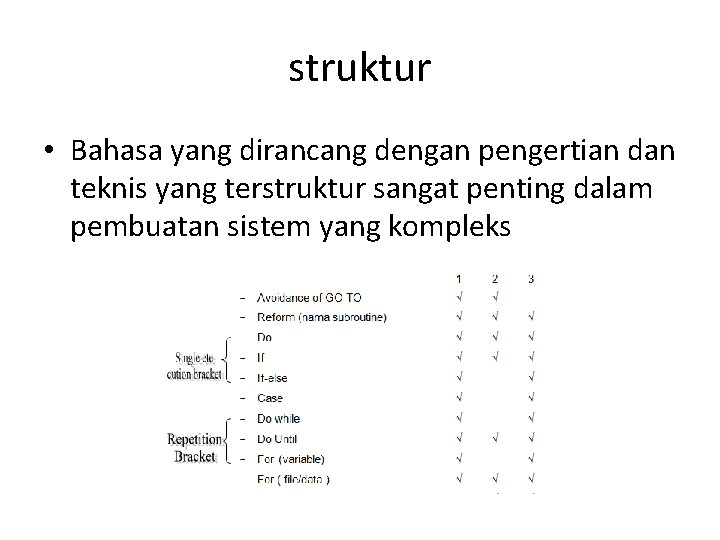 struktur • Bahasa yang dirancang dengan pengertian dan teknis yang terstruktur sangat penting dalam