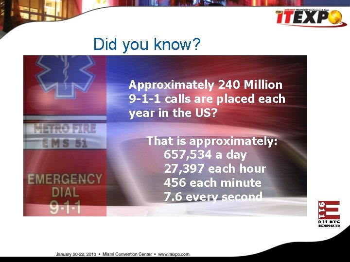 Did you know? Approximately 240 Million 9 -1 -1 calls are placed each year