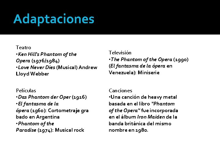 Adaptaciones Teatro • Ken Hill's Phantom of the Opera (1976/1984) • Love Never Dies Adaptaciones Teatro • Ken Hill's Phantom of the Opera (1976/1984) • Love Never Dies
