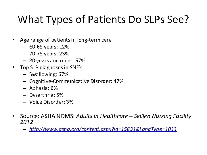 What Types of Patients Do SLPs See? • Age range of patients in long-term