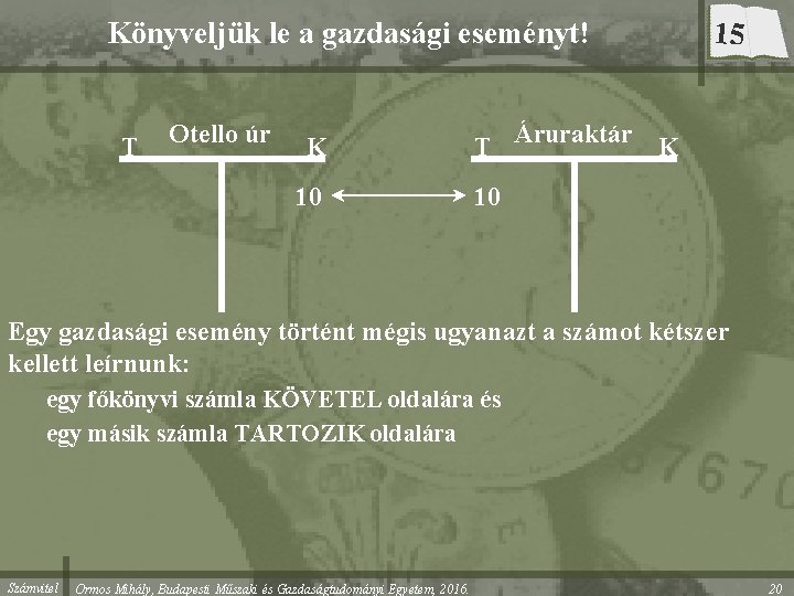 Könyveljük le a gazdasági eseményt! T Otello úr K 10 15 T Áruraktár K