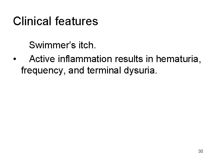 Clinical features Swimmer’s itch. • Active inflammation results in hematuria, frequency, and terminal dysuria.