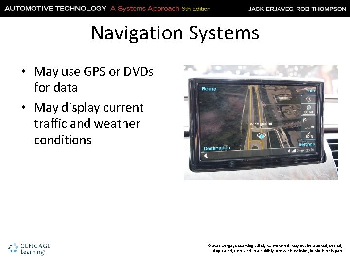 Navigation Systems • May use GPS or DVDs for data • May display current