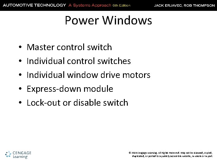 Power Windows • • • Master control switch Individual control switches Individual window drive