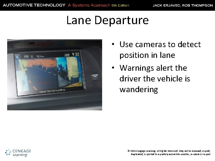 Lane Departure • Use cameras to detect position in lane • Warnings alert the