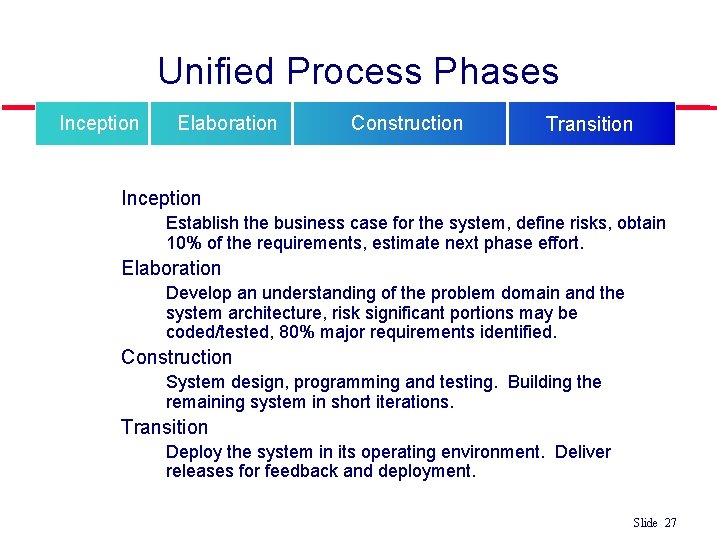 Unified Process Phases Inception l Establish the business case for the system, define risks,