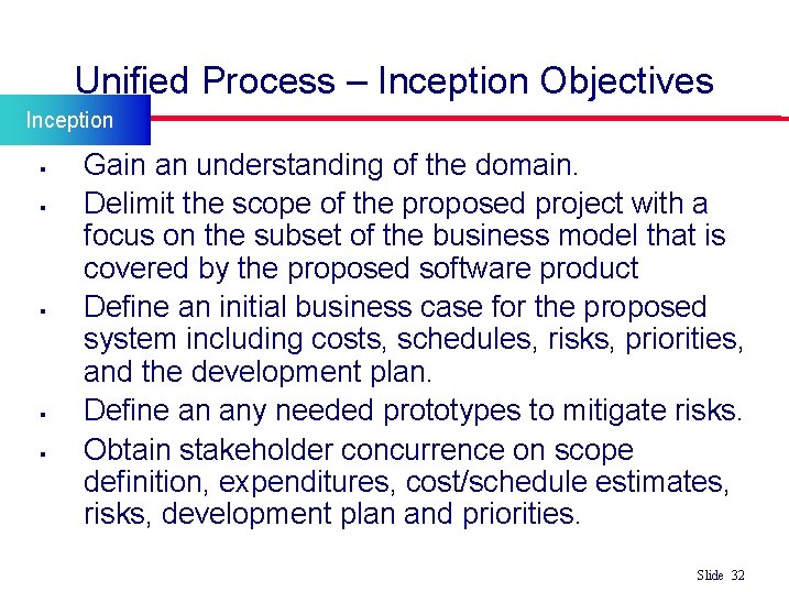 Unified Process – Inception Objectives Inception § § § Gain an understanding of the