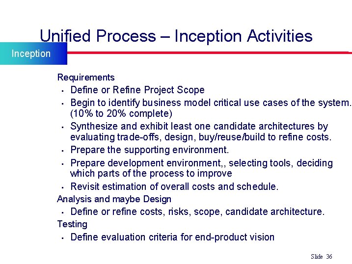 Unified Process – Inception Activities Inception • Requirements • Define or Refine Project Scope