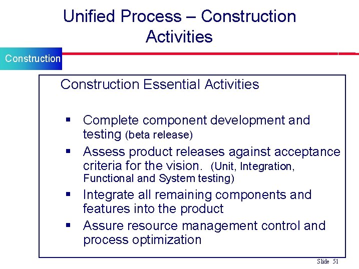 Unified Process – Construction Activities Construction l Construction Essential Activities § Complete component development Unified Process – Construction Activities Construction l Construction Essential Activities § Complete component development