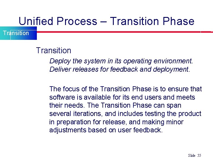 Unified Process – Transition Phase Transition l Transition • Deploy the system in its