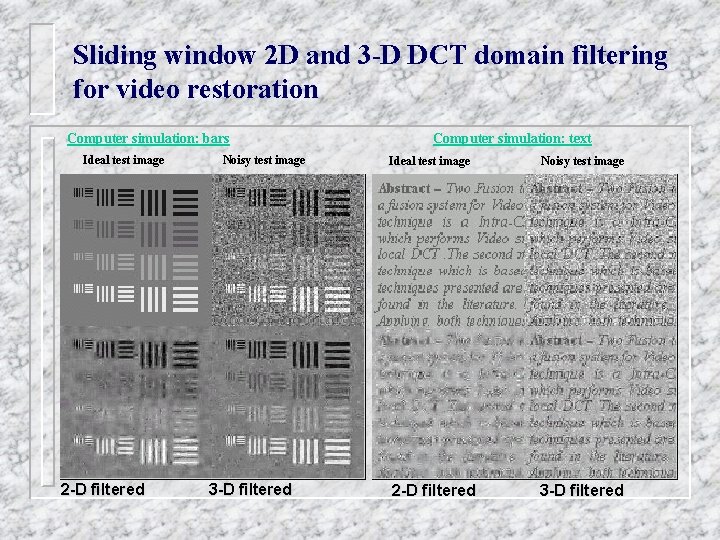 Sliding window 2 D and 3 -D DCT domain filtering for video restoration Computer