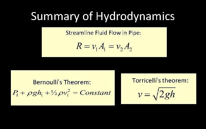 Summary of Hydrodynamics Streamline Fluid Flow in Pipe: Bernoulli’s Theorem: Torricelli’s theorem: Summary of Hydrodynamics Streamline Fluid Flow in Pipe: Bernoulli’s Theorem: Torricelli’s theorem: