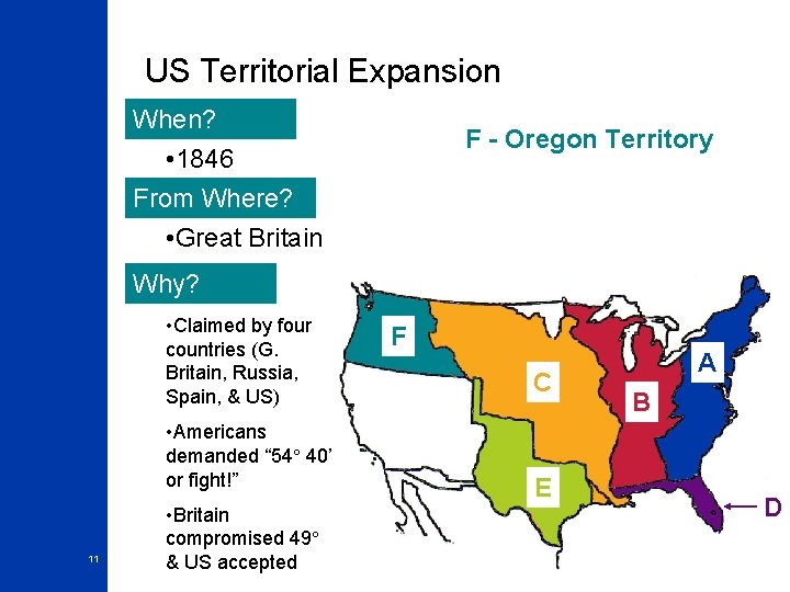 US Territorial Expansion When? F - Oregon Territory • 1846 From Where? • Great