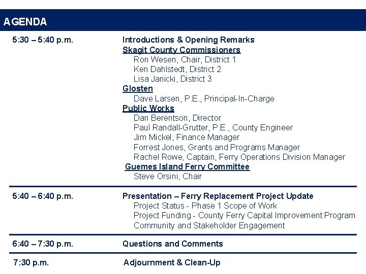 AGENDA 5: 30 – 5: 40 p. m. Introductions & Opening Remarks Skagit County