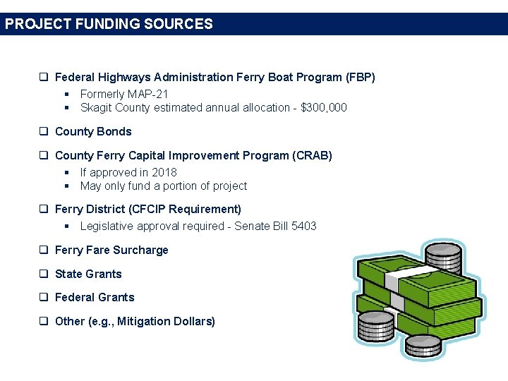 PROJECT FUNDING SOURCES q Federal Highways Administration Ferry Boat Program (FBP) § Formerly MAP-21