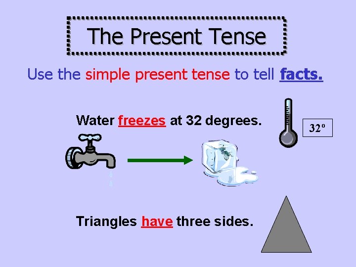 The Present Tense Use the simple present tense to tell facts. Water freezes at