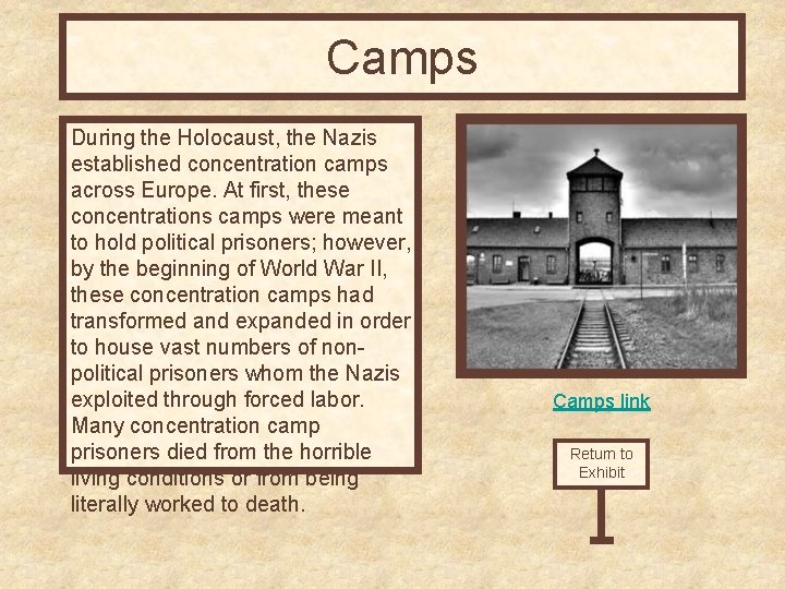 Camps During the Holocaust, the Nazis established concentration camps across Europe. At first, these