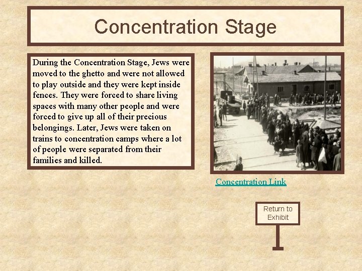 Concentration Stage During the Concentration Stage, Jews were moved to the ghetto and were