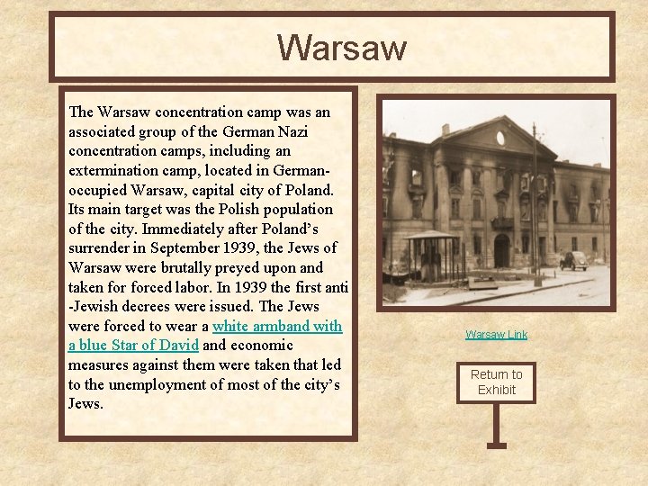Warsaw The Warsaw concentration camp was an associated group of the German Nazi concentration