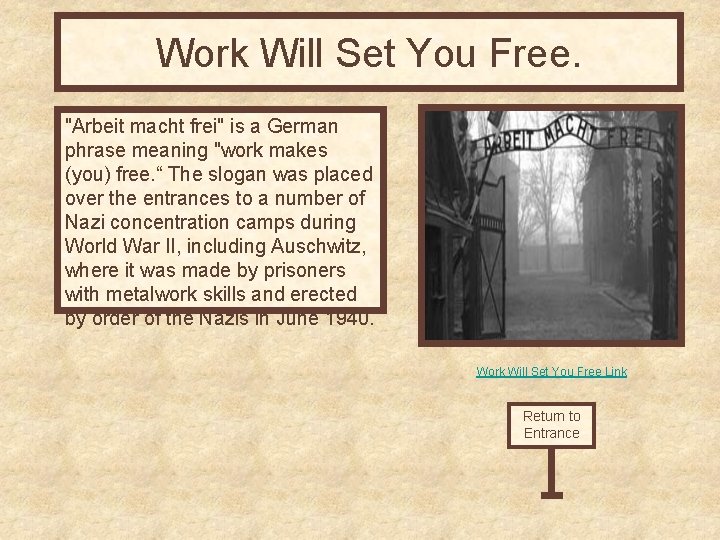 Work Will Set You Free. "Arbeit macht frei" is a German phrase meaning "work