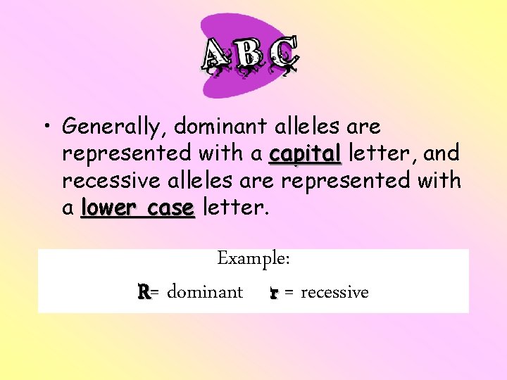 • Generally, dominant alleles are represented with a capital letter, and recessive alleles • Generally, dominant alleles are represented with a capital letter, and recessive alleles