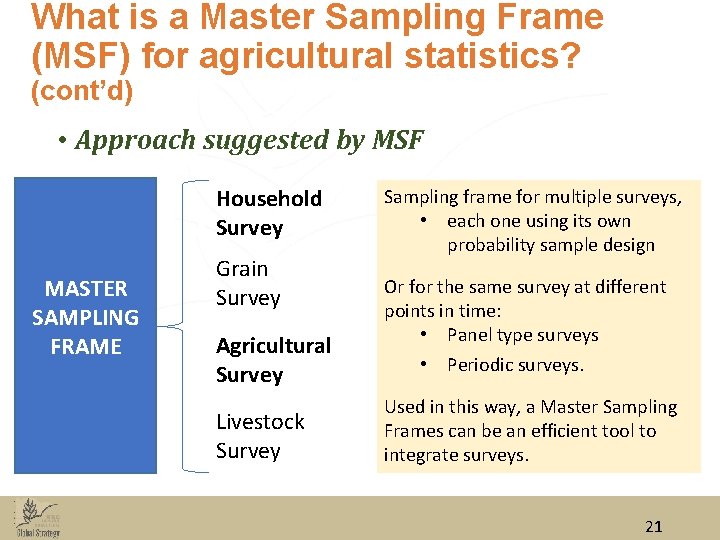 What is a Master Sampling Frame (MSF) for agricultural statistics? (cont’d) • Approach suggested