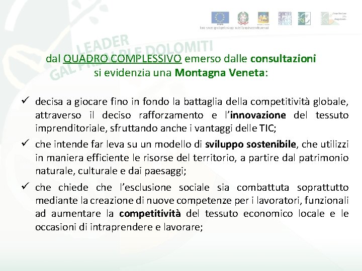 dal QUADRO COMPLESSIVO emerso dalle consultazioni si evidenzia una Montagna Veneta: ü decisa a