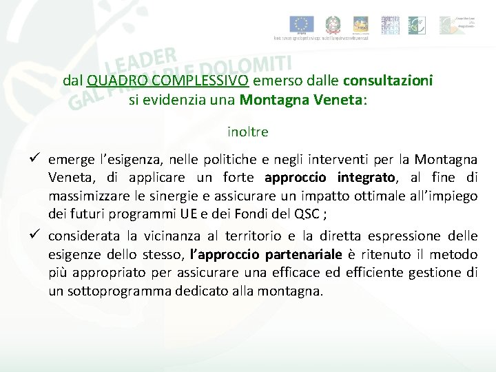 dal QUADRO COMPLESSIVO emerso dalle consultazioni si evidenzia una Montagna Veneta: inoltre ü emerge