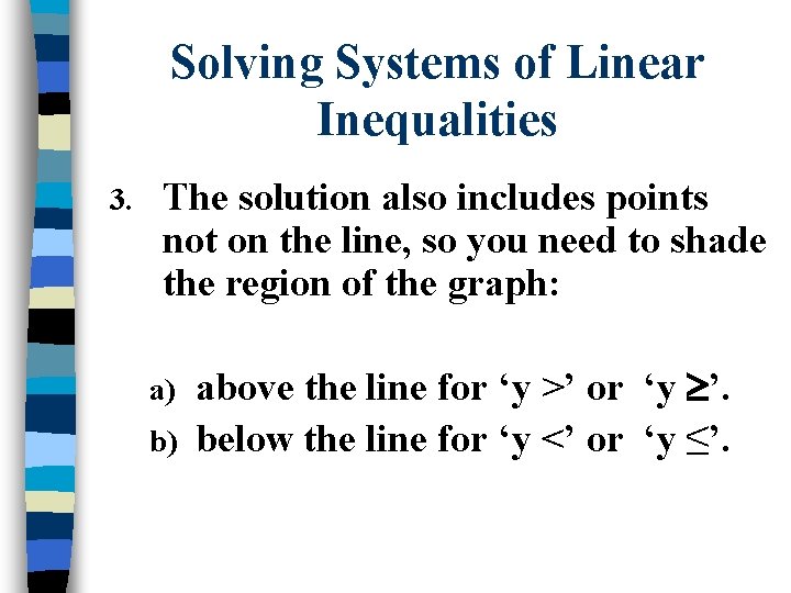 Solving Systems of Linear Inequalities 3. The solution also includes points not on the