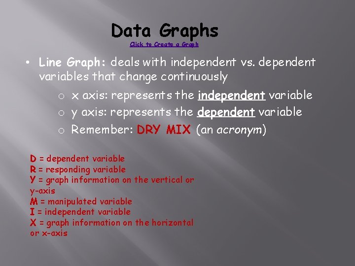 Data Graphs Click to Create a Graph • Line Graph: deals with independent vs.