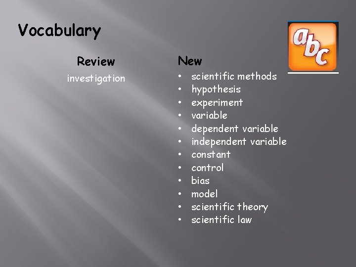 Vocabulary Review investigation New • • • scientific methods hypothesis experiment variable dependent variable