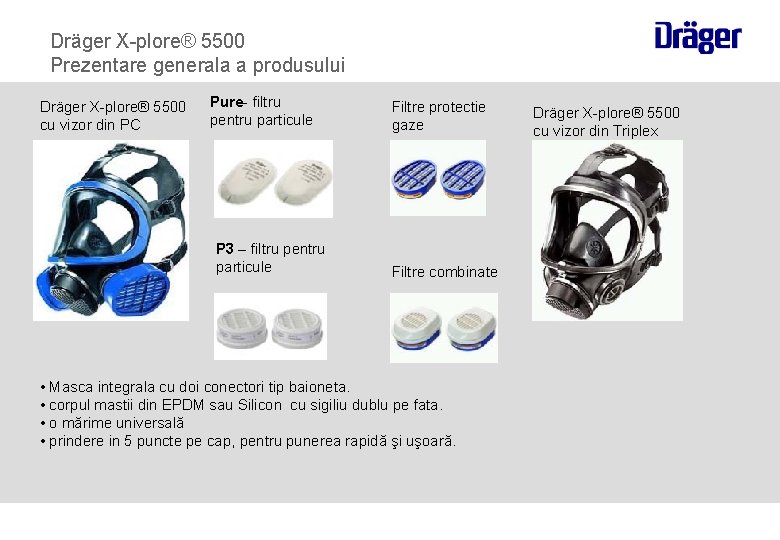 Dräger X-plore® 5500 Prezentare generala a produsului Dräger X-plore® 5500 cu vizor din PC