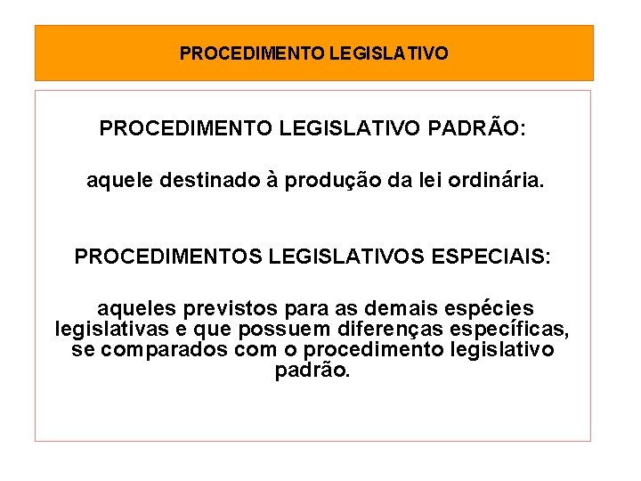 PROCEDIMENTO LEGISLATIVO PADRÃO: aquele destinado à produção da lei ordinária. PROCEDIMENTOS LEGISLATIVOS ESPECIAIS: aqueles