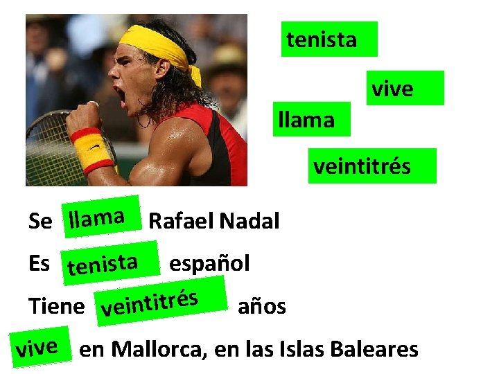 tenista vive llama veintitrés Se llama Rafael Nadal Es tenista español Tiene veintitrés años tenista vive llama veintitrés Se llama Rafael Nadal Es tenista español Tiene veintitrés años