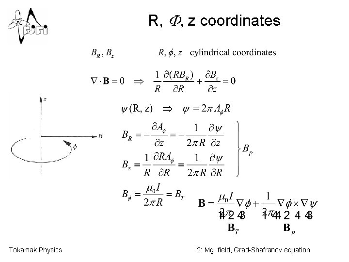 R, F, z coordinates Tokamak Physics 2: Mg. field, Grad-Shafranov equation 
