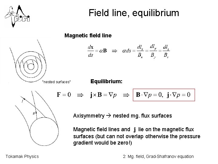 Field line, equilibrium Magnetic field line “nested surfaces” Equilibrium: Axisymmetry nested mg. flux surfaces