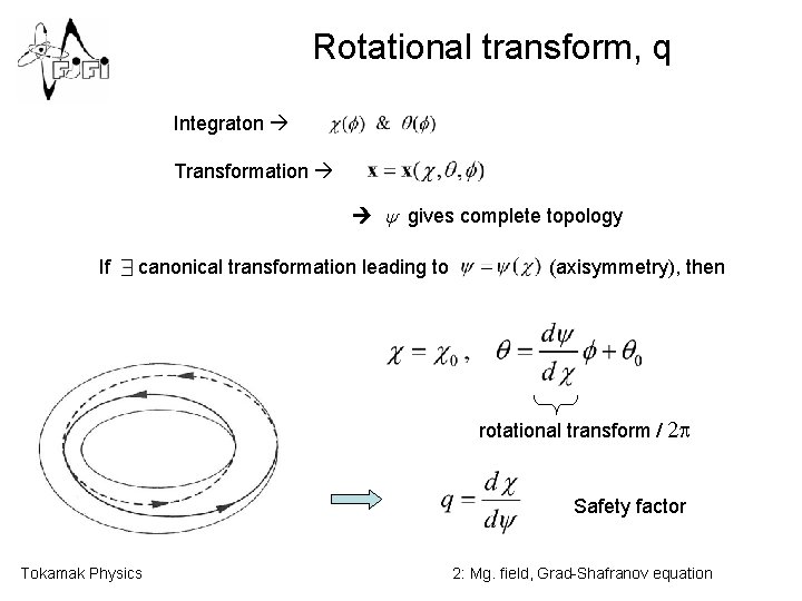 Rotational transform, q Integraton Transformation gives complete topology If canonical transformation leading to (axisymmetry),