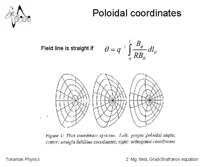 Poloidal coordinates Field line is straight if Tokamak Physics 2: Mg. field, Grad-Shafranov equation
