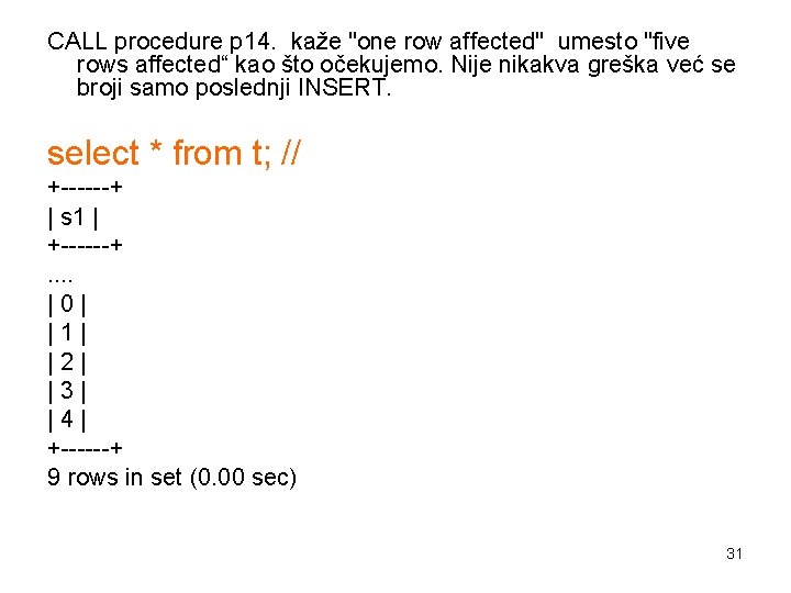 CALL procedure p 14. kaže "one row affected" umesto "five rows affected“ kao što