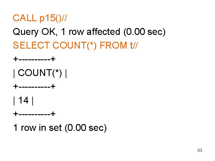 CALL p 15()// Query OK, 1 row affected (0. 00 sec) SELECT COUNT(*) FROM